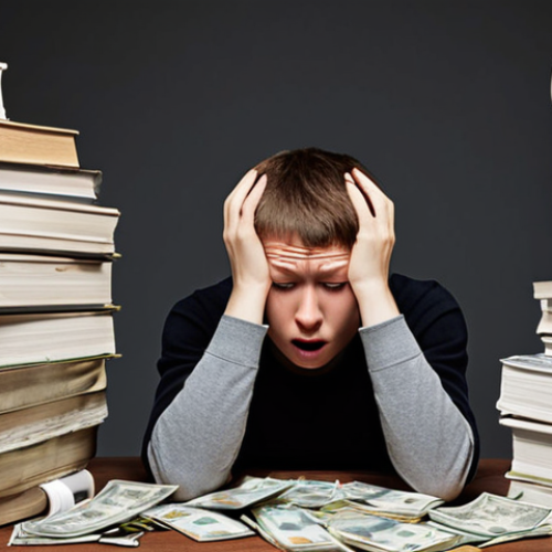 Home 15 **Image Prompt:** A stressed student surrounded by towering stacks of textbooks and bills, highlighting the financial burden of educational certifications. Add Dutch currency notes (€) scattered around to emphasize the cost. The setting should be a cluttered study space with a laptop displaying online course materials.