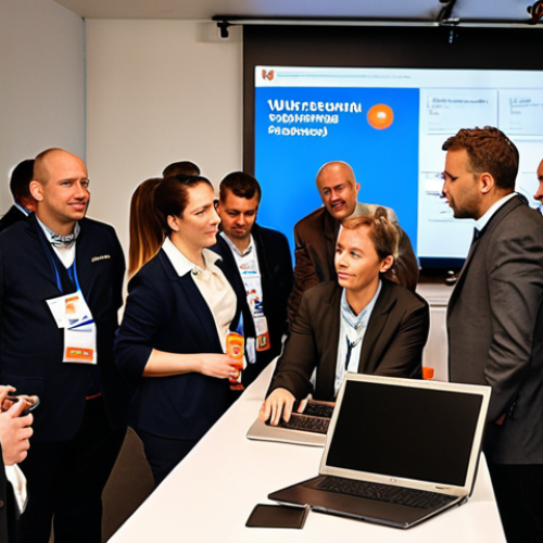 Home 14 **
A diverse group of security professionals networking at a VBN (Vereniging van Beveiligingsprofessionals Nederland) event in Amsterdam. Show people of various ages and backgrounds engaged in conversation, some with laptops open, in a modern office setting with the VBN logo subtly displayed. Focus on the atmosphere of collaboration and knowledge sharing.
**