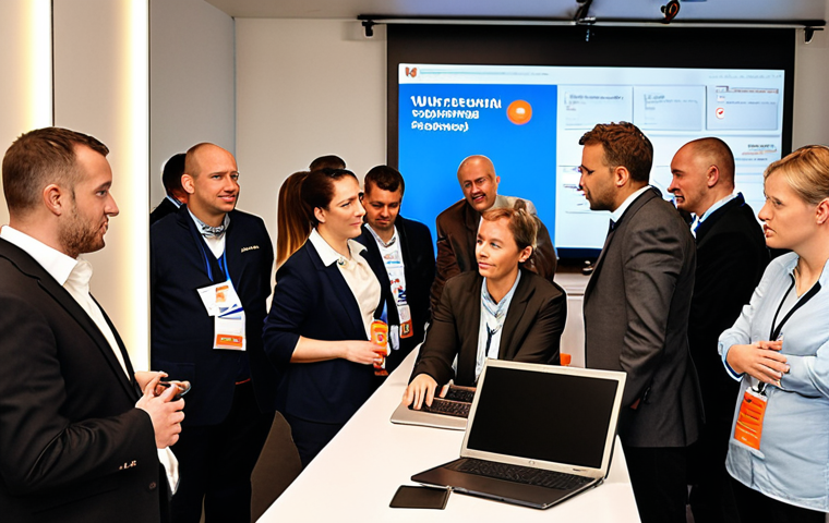 **
A diverse group of security professionals networking at a VBN (Vereniging van Beveiligingsprofessionals Nederland) event in Amsterdam. Show people of various ages and backgrounds engaged in conversation, some with laptops open, in a modern office setting with the VBN logo subtly displayed. Focus on the atmosphere of collaboration and knowledge sharing.
**